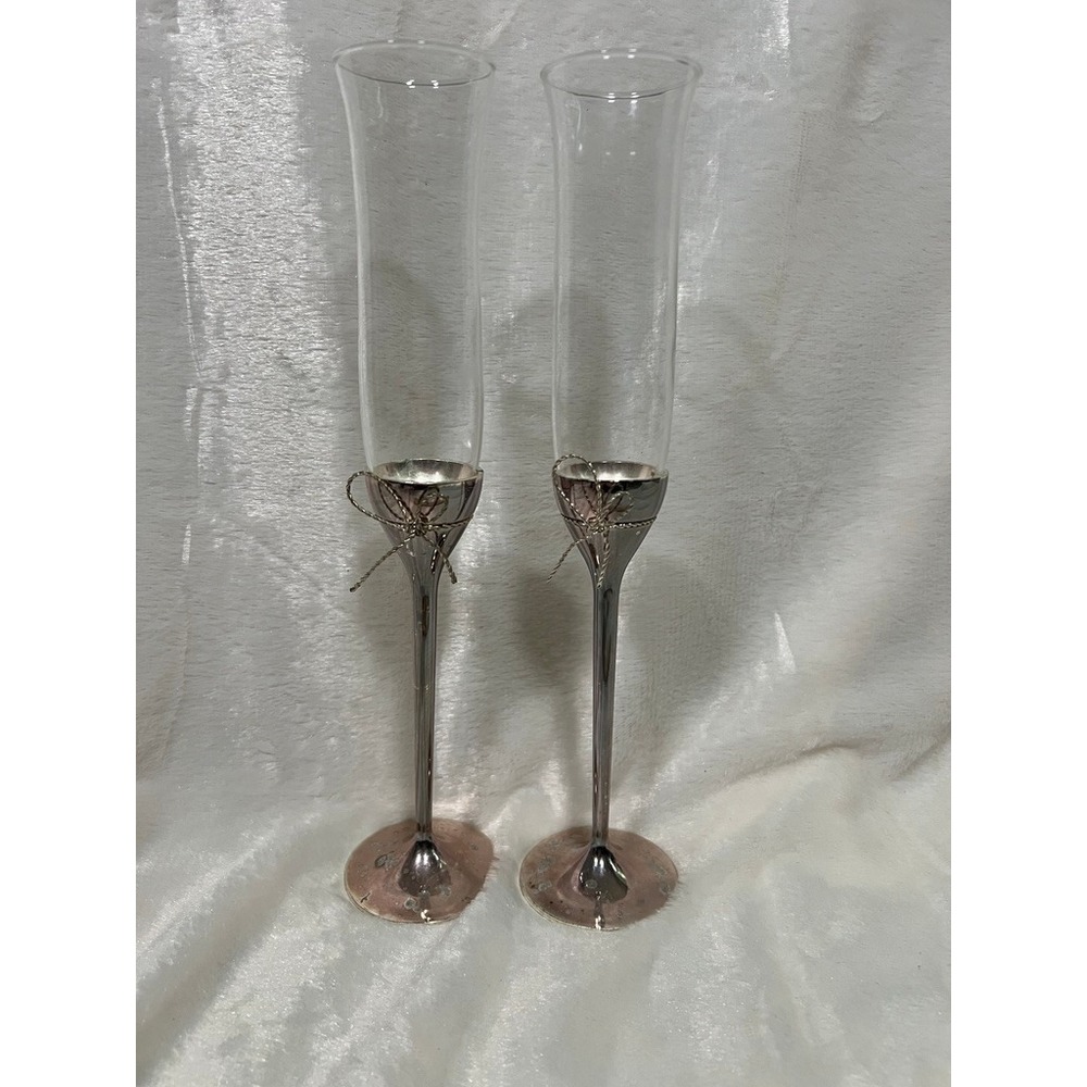 Vera‎ Wang Champagne Flutes Silver Love Knots Wedgwood Toasting Glasses Toast
